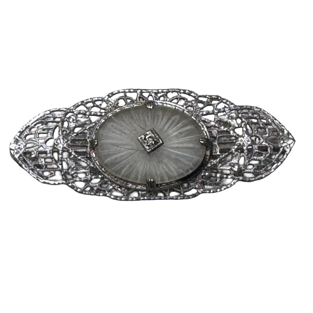 Victorian Art Deco 14k White Gold Diamond Filigree Camphor Glass Brooch 3.8g
